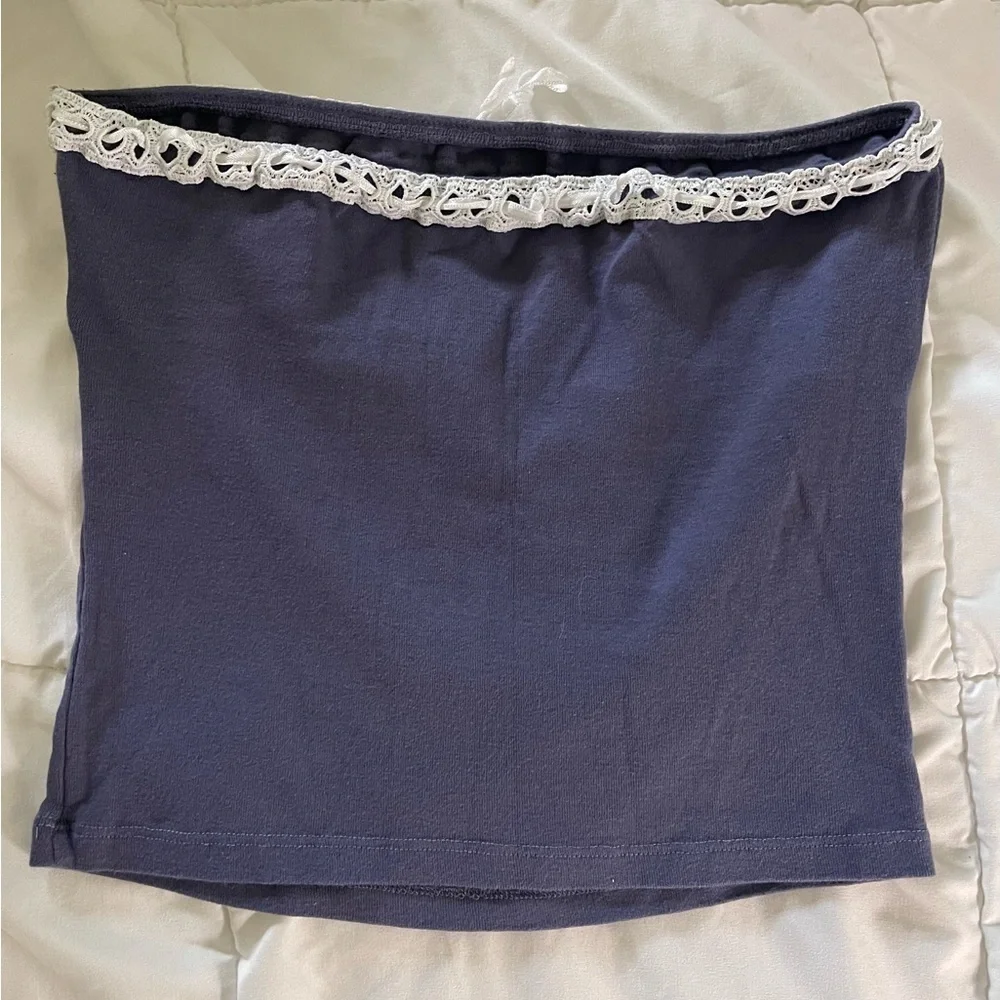 Y2K Subdued Navy Blue Tube Top with Lace Detail - Picture 3 of 5